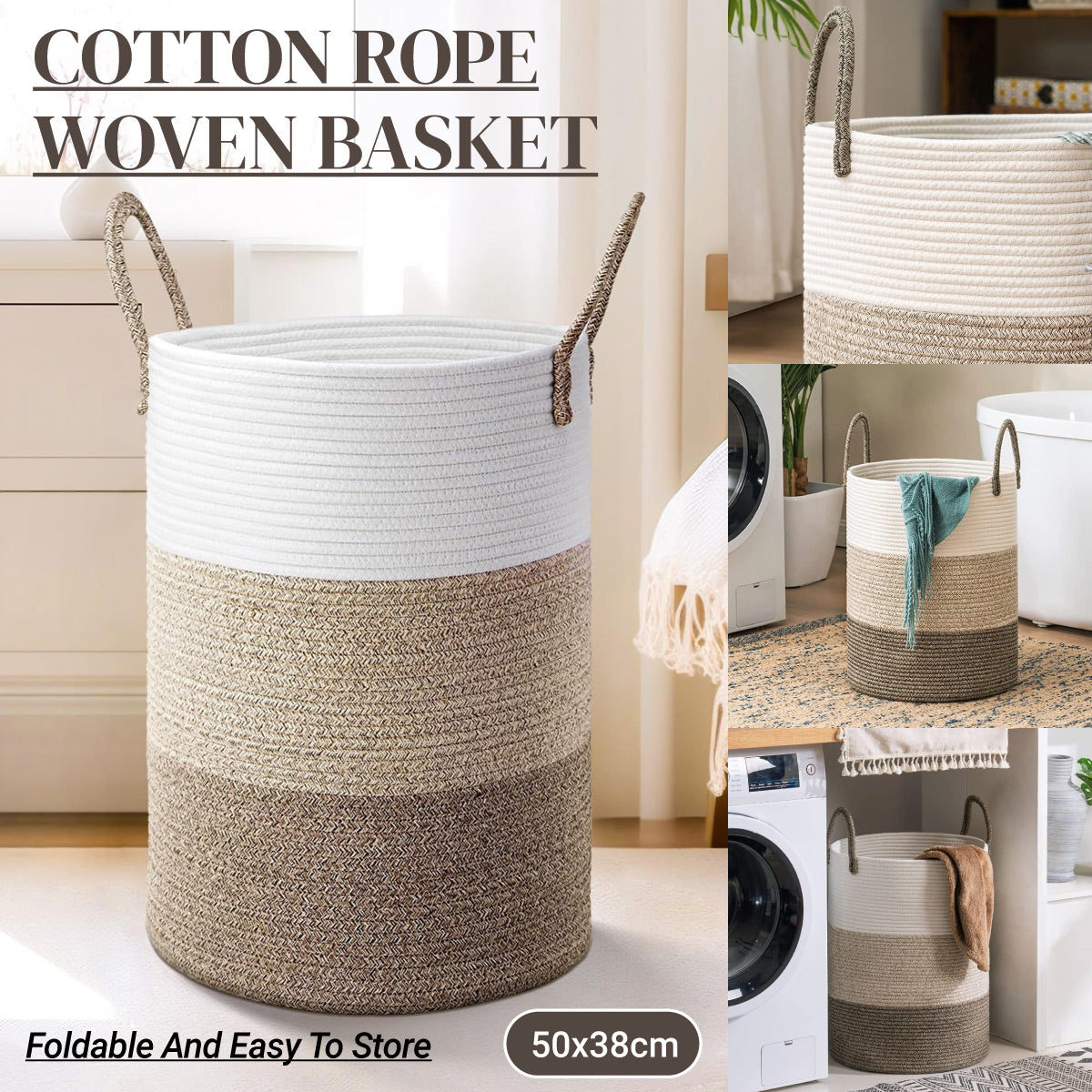 Handheld Cotton Rope Woven Storage Basket Foldable Large