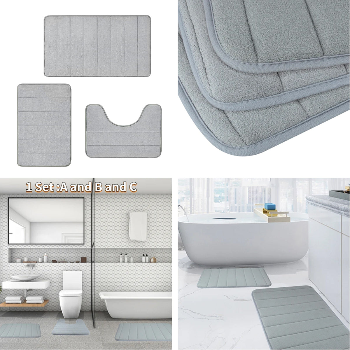 Striped Floor Mat Set Three Piece Bathroom Toilet Water Absorbing Carpet Rug