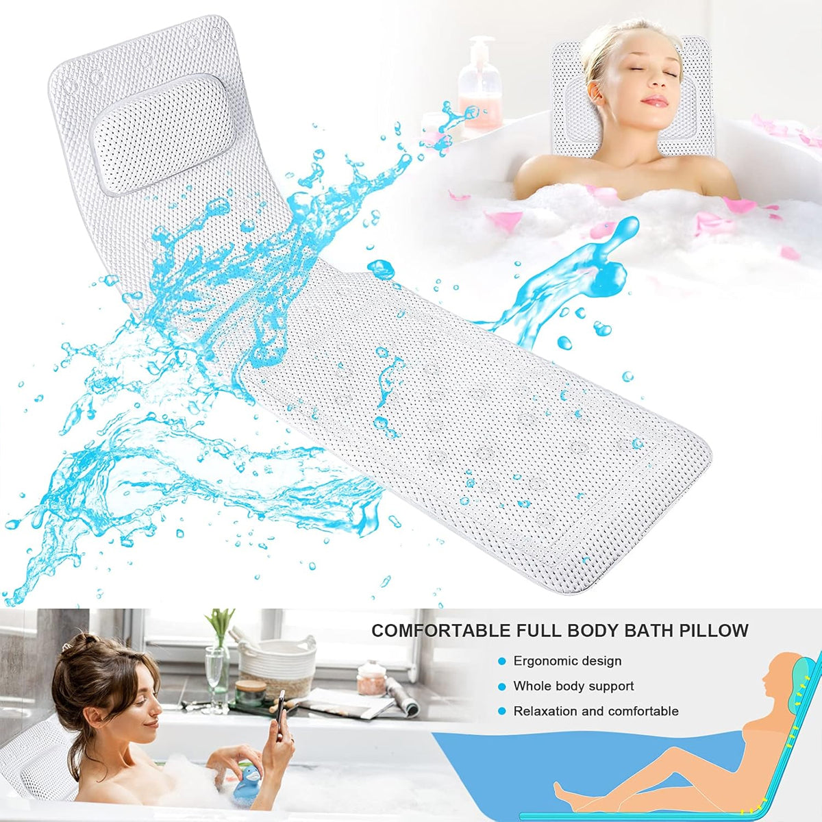 Non Slip PVC Full Body Bath Mat Massage Cushion with Suction Cups for Bathtub AU