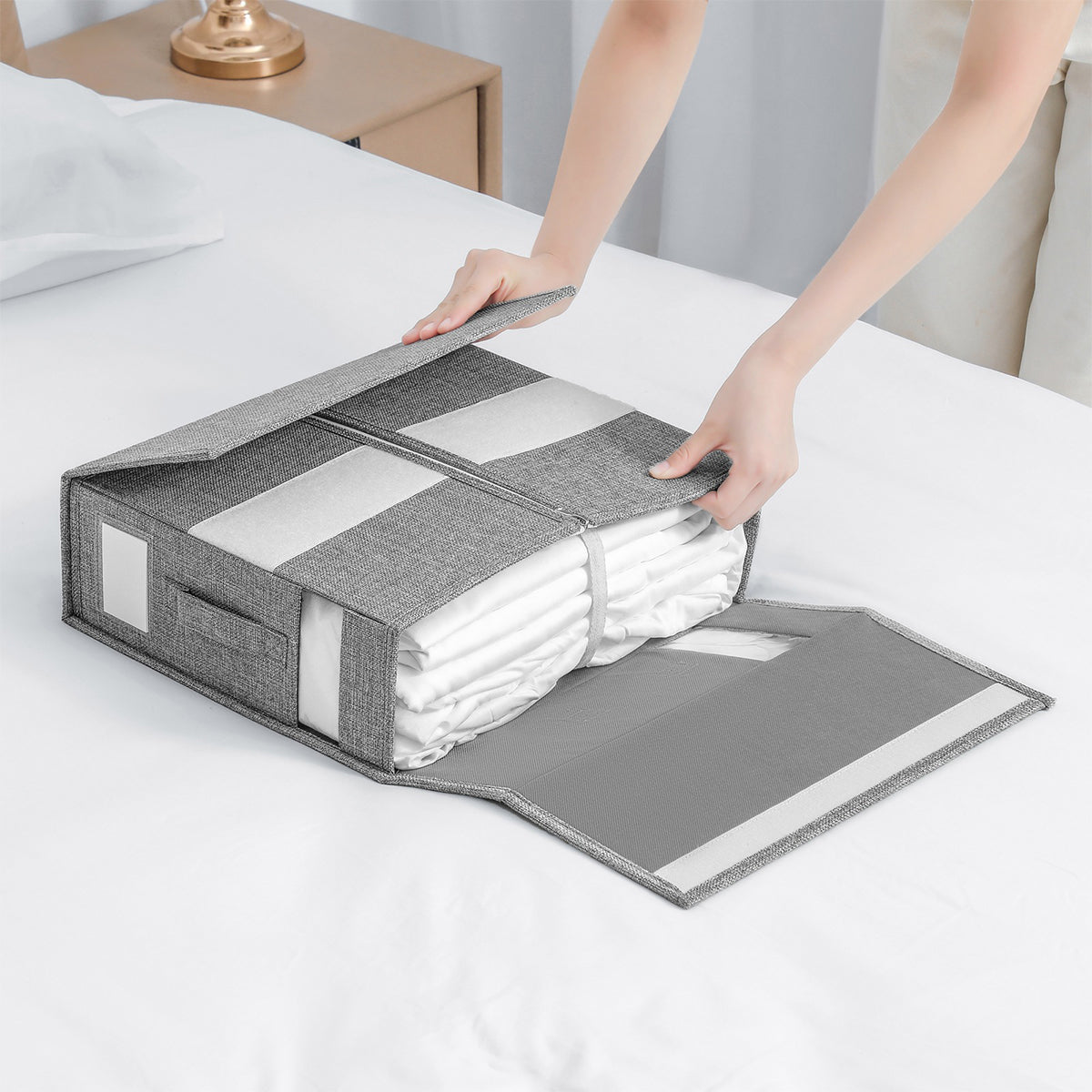 Fabric Storage Box Bedding Organizer with Clear Window 38x32cm