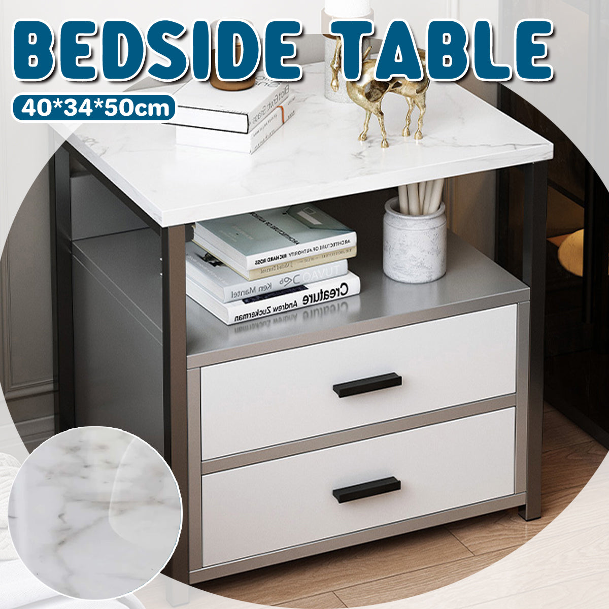 Marble-Look Bedside Table with Two Drawers Metal Frame