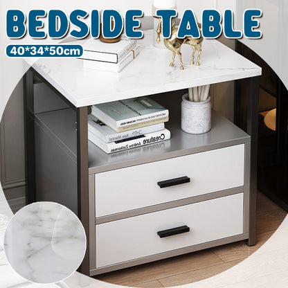 Marble-Look Bedside Table with Two Drawers Metal Frame