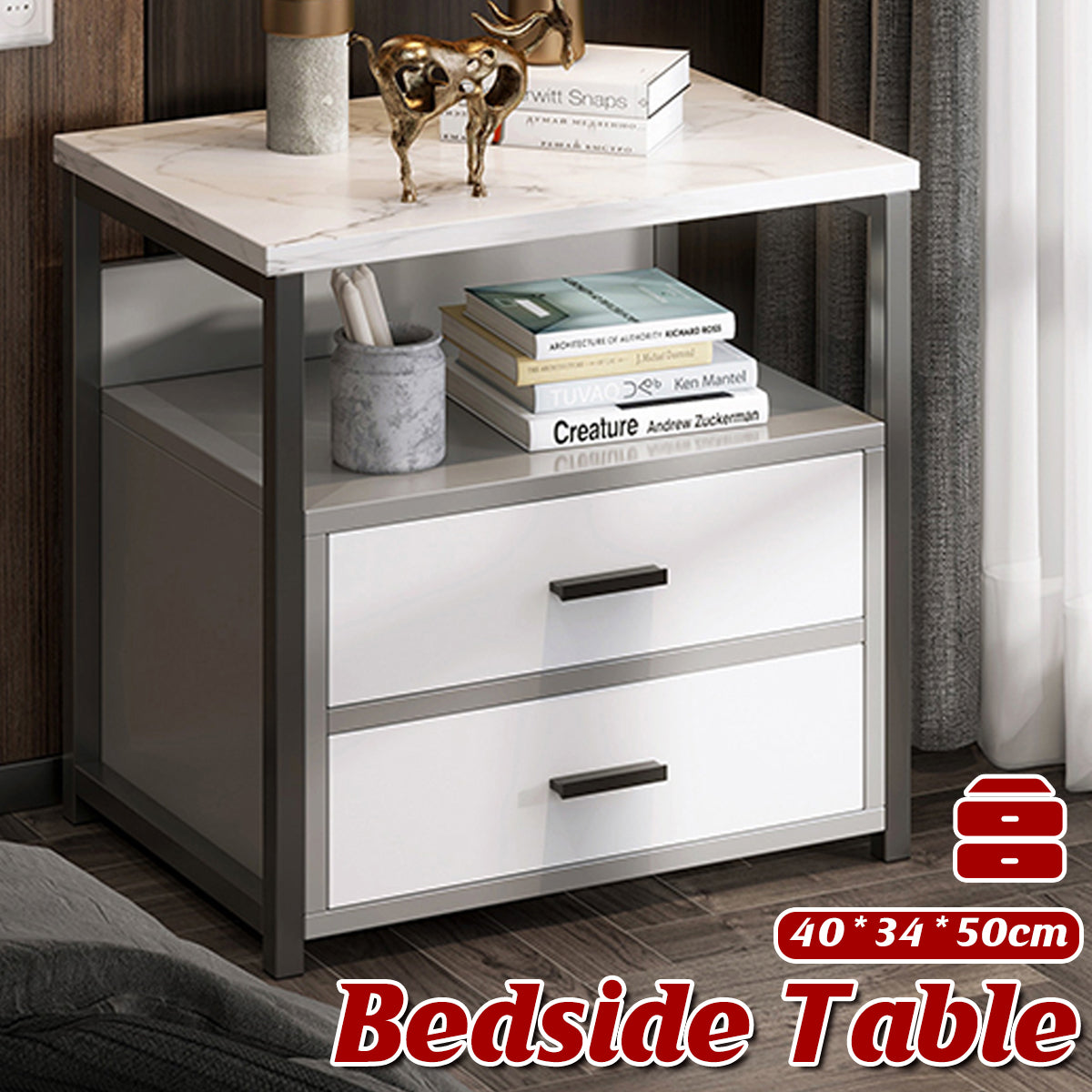 Marble-Look Bedside Table with Two Drawers Metal Frame