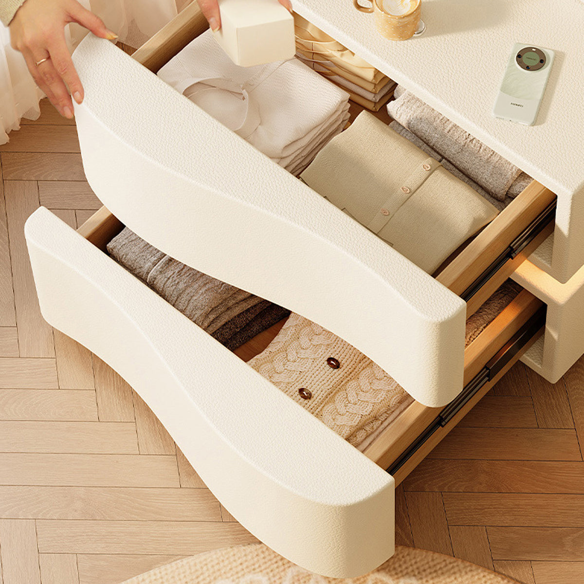 Wavy Bedside Storage Cabinet with Leather Surface