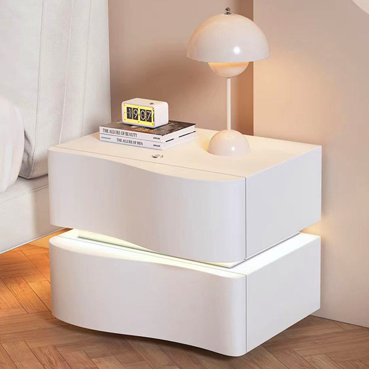 Wavy Bedside Storage Cabinet with Leather Surface