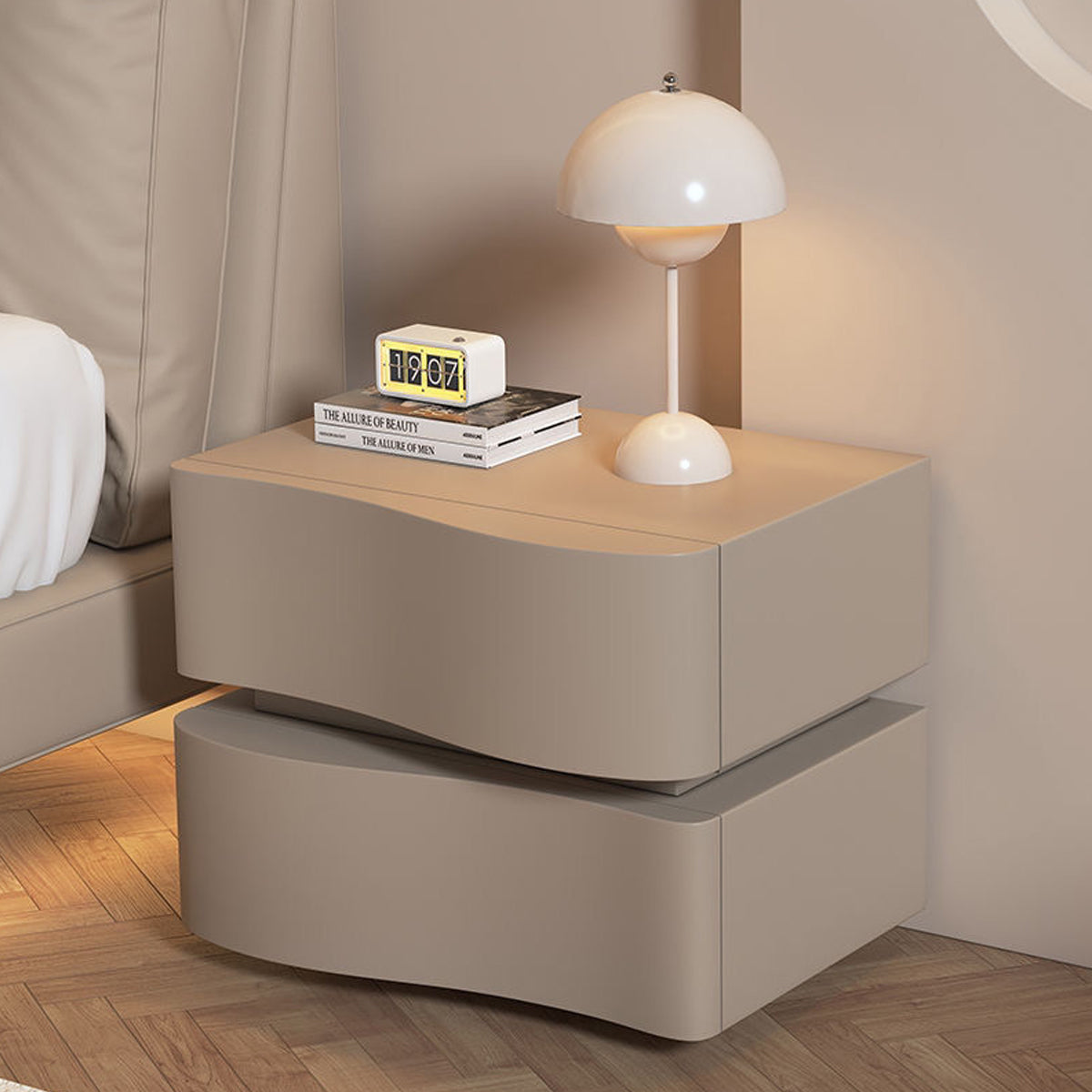 Wavy Bedside Storage Cabinet with Leather Surface