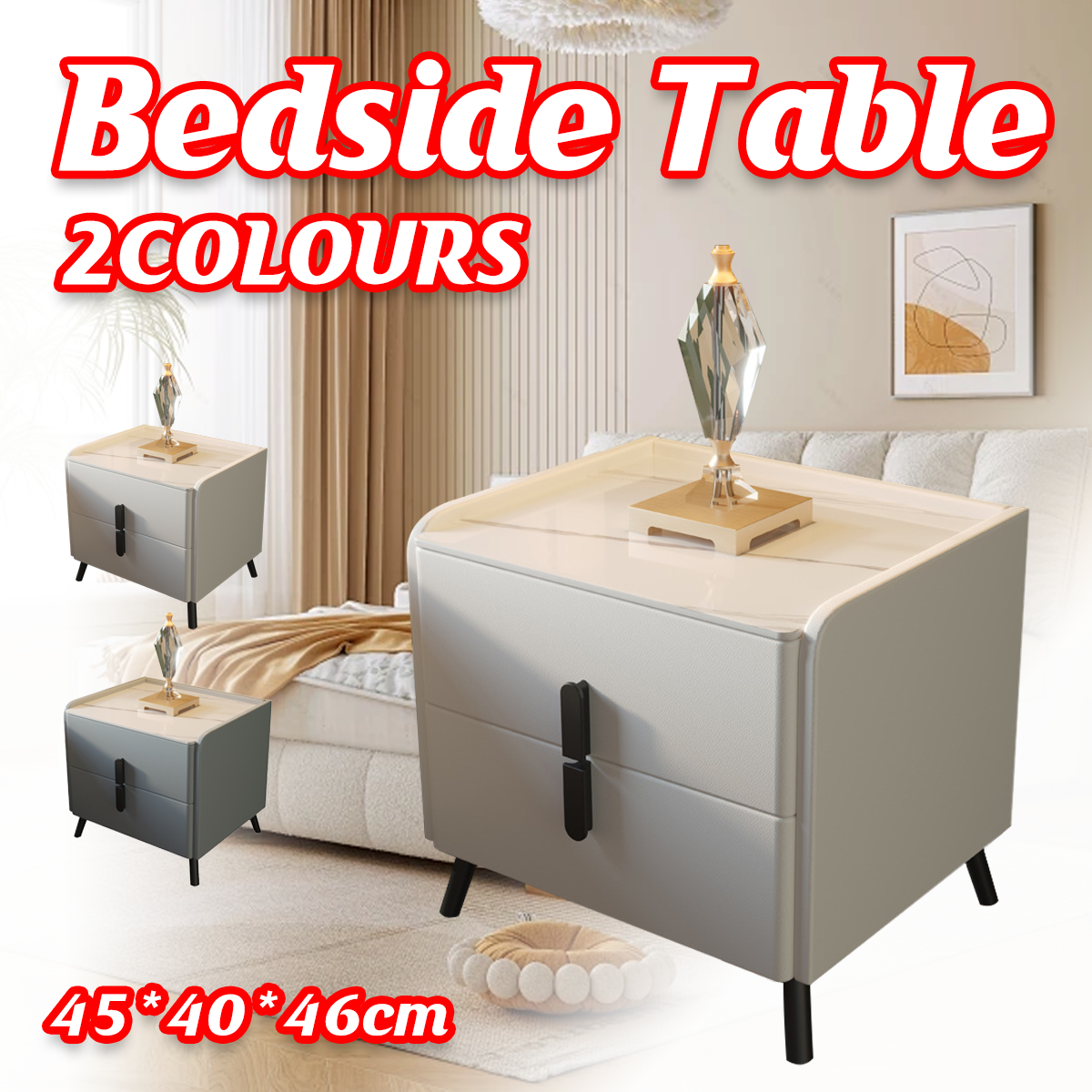 Compact Leather Bedside Table with 2 Drawers Steel Legs