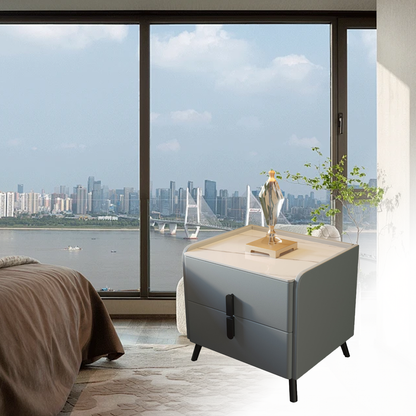 Compact Leather Bedside Table with 2 Drawers Steel Legs
