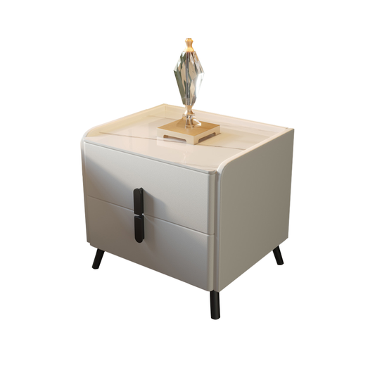 Compact Leather Bedside Table with 2 Drawers Steel Legs