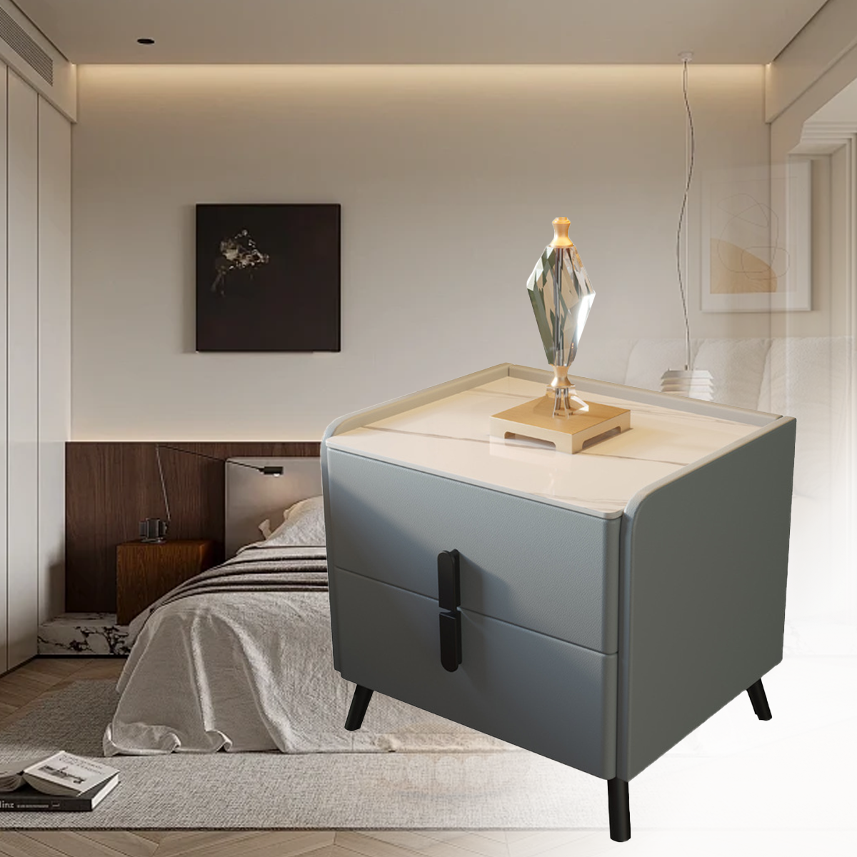 Compact Leather Bedside Table with 2 Drawers Steel Legs