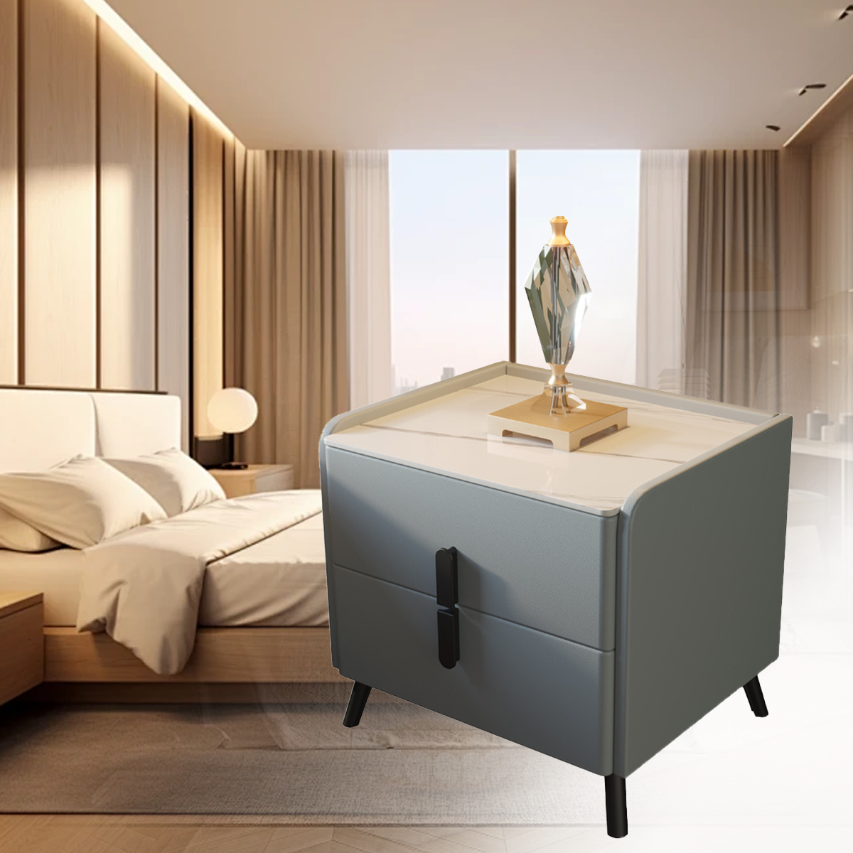Compact Leather Bedside Table with 2 Drawers Steel Legs