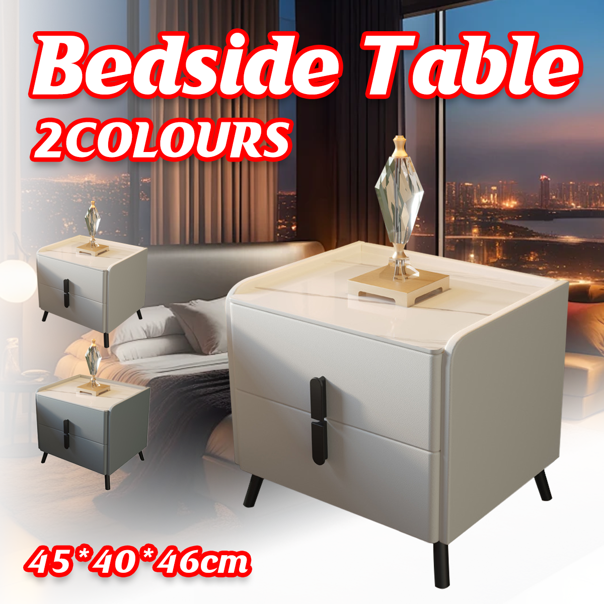 Compact Leather Bedside Table with 2 Drawers Steel Legs
