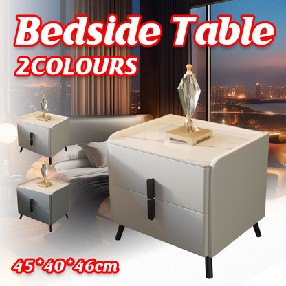 Compact Leather Bedside Table with 2 Drawers Steel Legs
