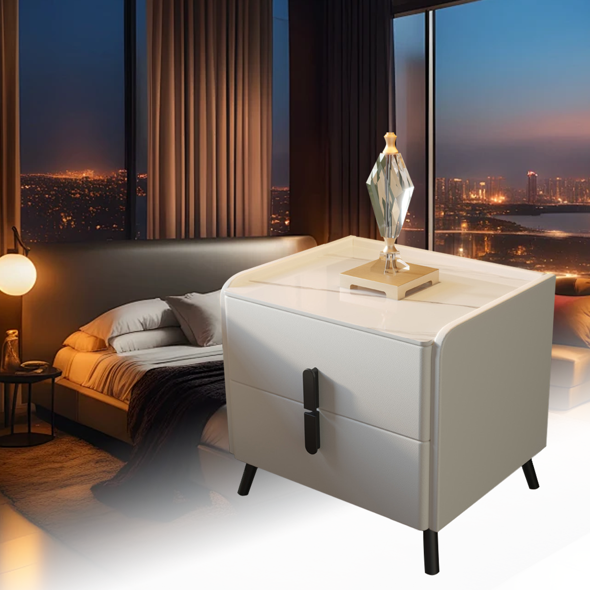 Compact Leather Bedside Table with 2 Drawers Steel Legs