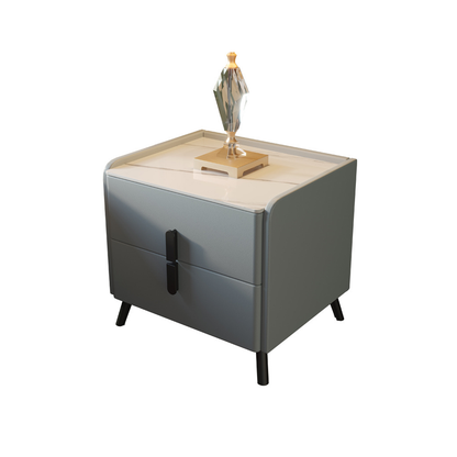 Compact Leather Bedside Table with 2 Drawers Steel Legs