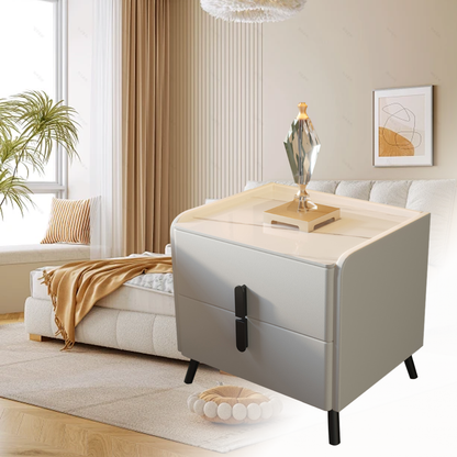 Compact Leather Bedside Table with 2 Drawers Steel Legs