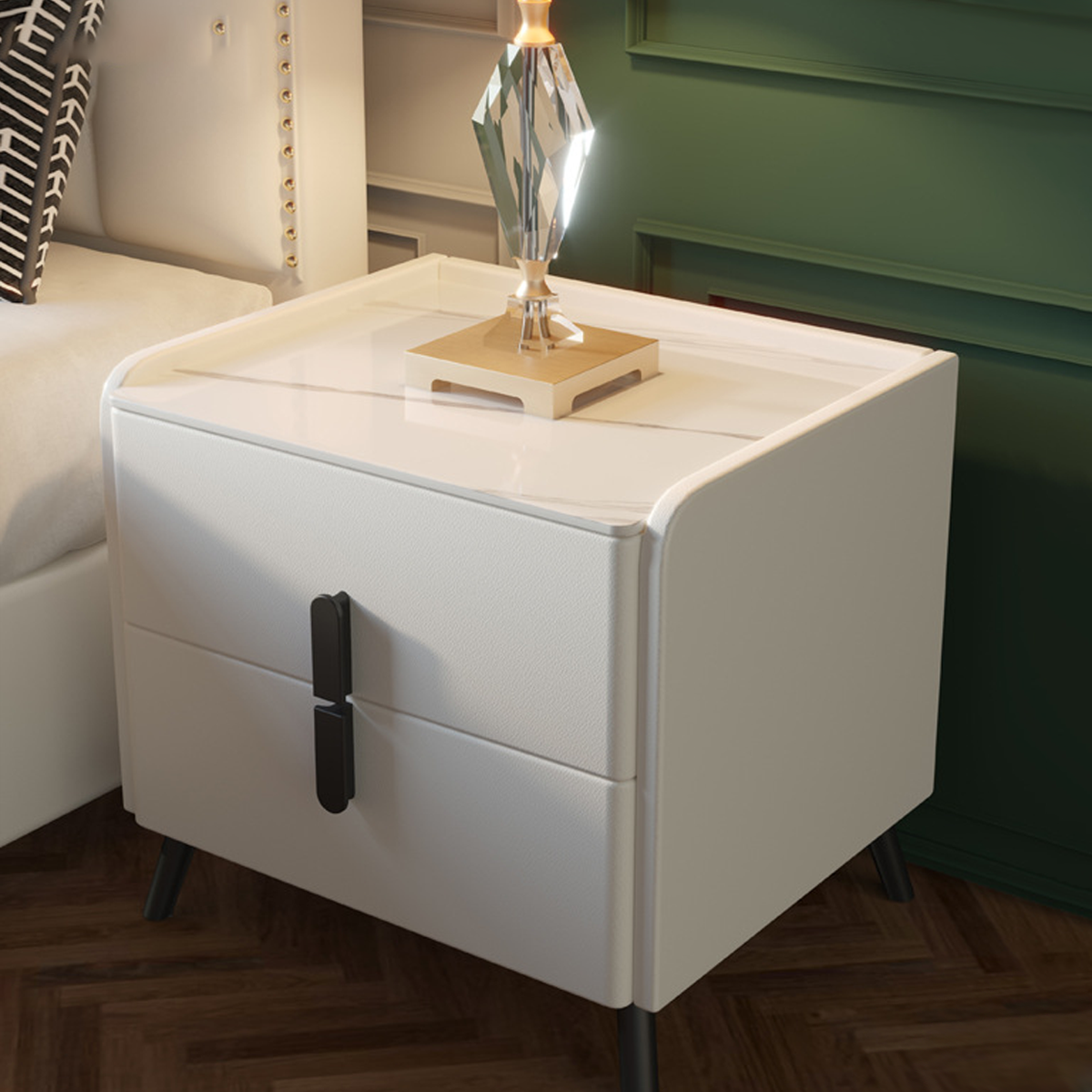 Compact Leather Bedside Table with 2 Drawers Steel Legs