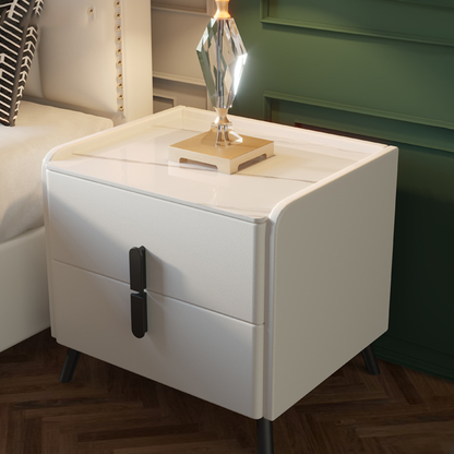 Compact Leather Bedside Table with 2 Drawers Steel Legs