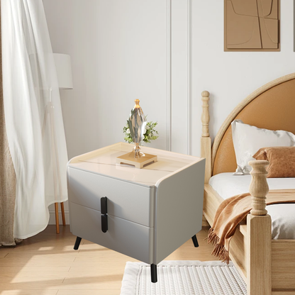 Compact Leather Bedside Table with 2 Drawers Steel Legs