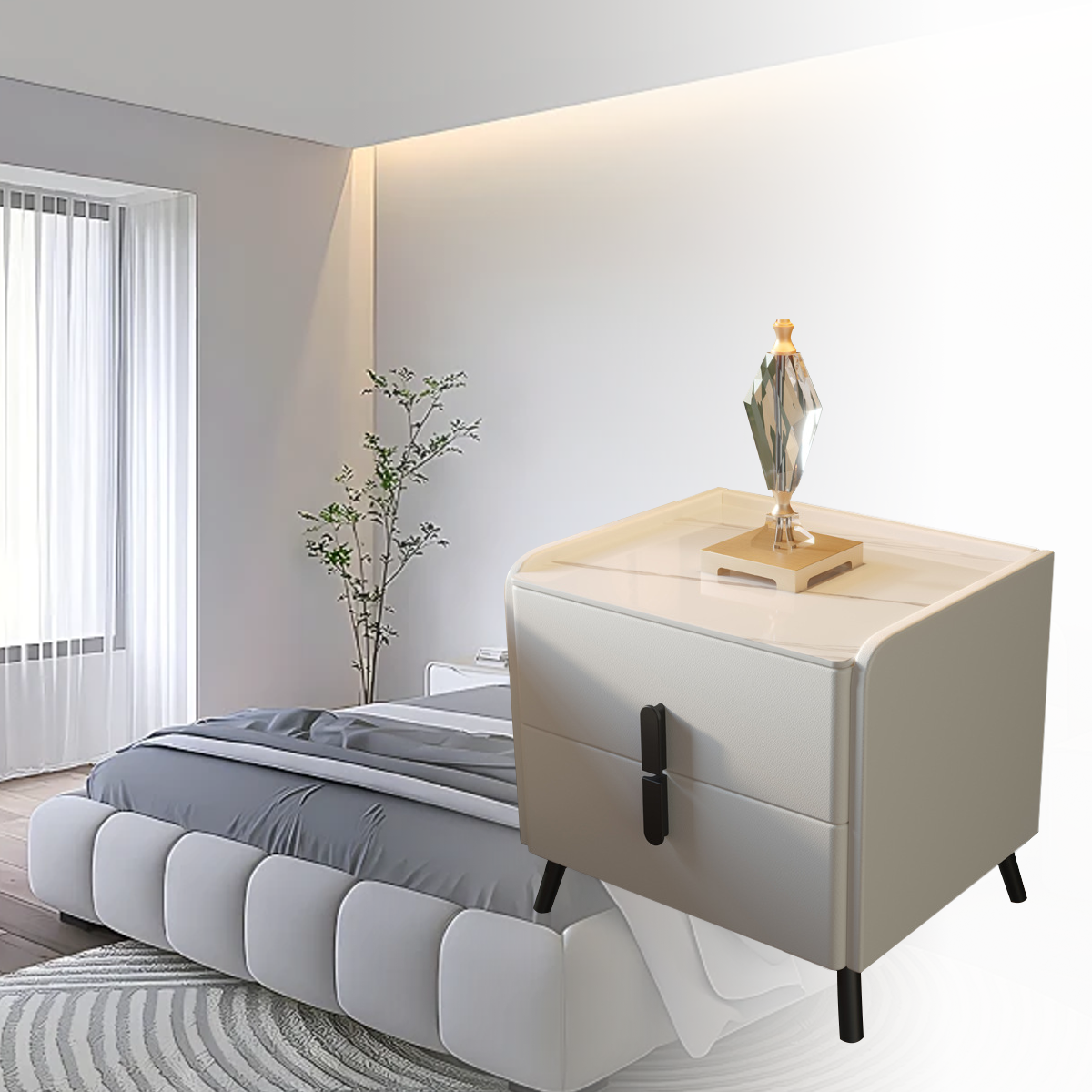 Compact Leather Bedside Table with 2 Drawers Steel Legs