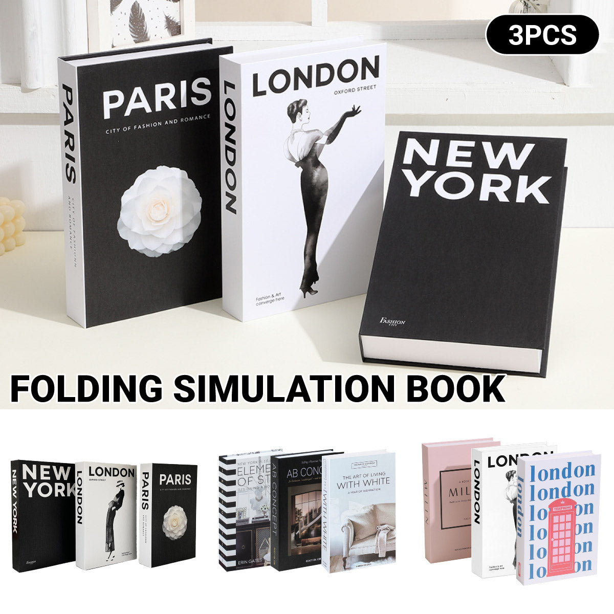3 Pcs Modern Decorative Foldable Faux Books Set City Theme