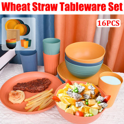 16pcs Wheat Straw Dinnerware Set Microwave Safe Plates and Bowls