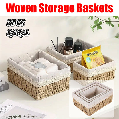 3pcs Rattan Storage Basket Woven Fabric Grass Basket for Home Organiser Decor