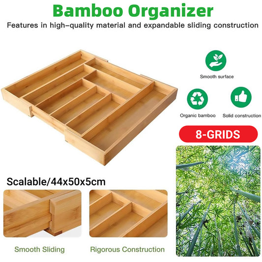 Expandable Bamboo Cutlery Tray Utensil Drawer Kitchen Organizer Insert Divider