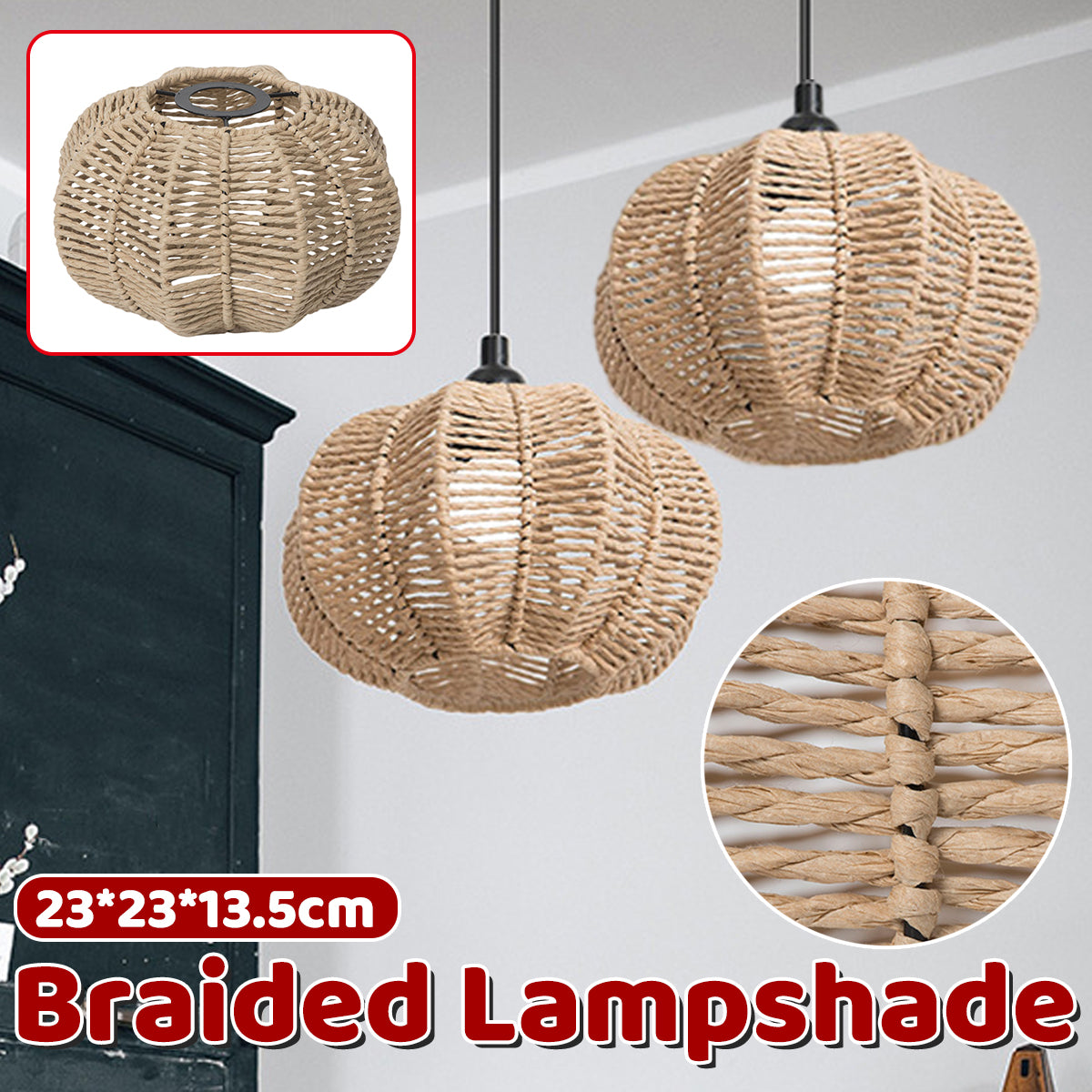 Handwoven Paper Rope Pendant Lampshade Pastoral Style 23cm
