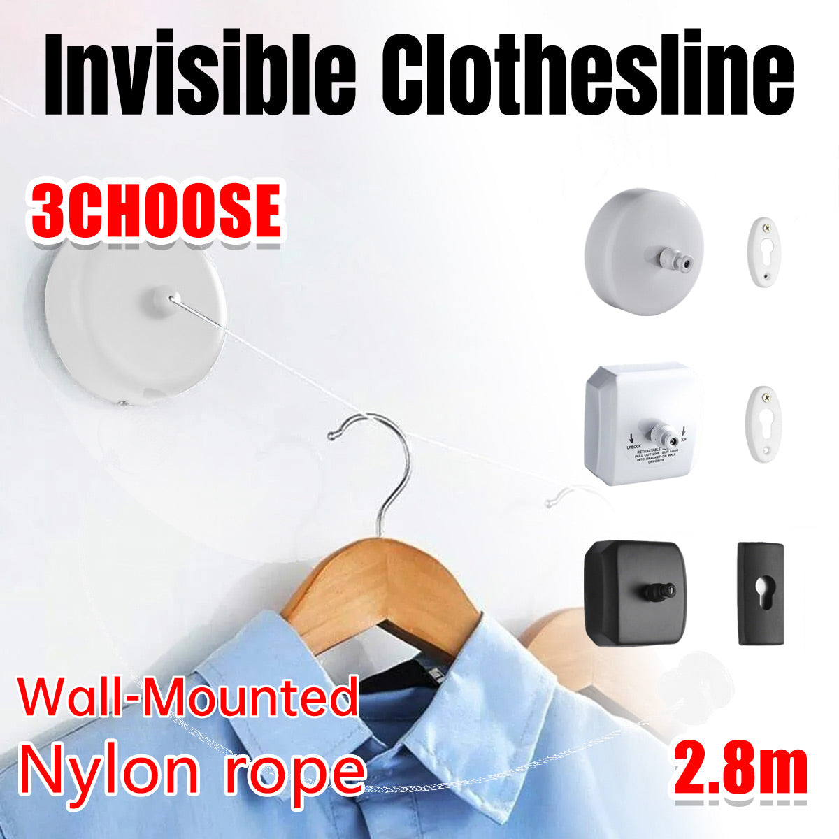 2.8m Length Stainless Steel Wall-Mounted Retractable Invisible Clothesline AU