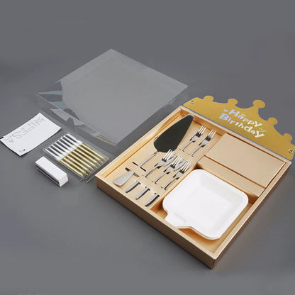 Stainless Steel Cake Knife Fork Plate Set with Candles for Party Dessert Serving