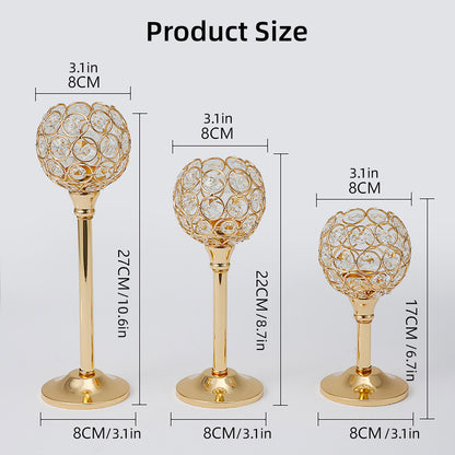 3 Pcs Crystal Candle Holders Metal Base Wedding Dinner Decor Set