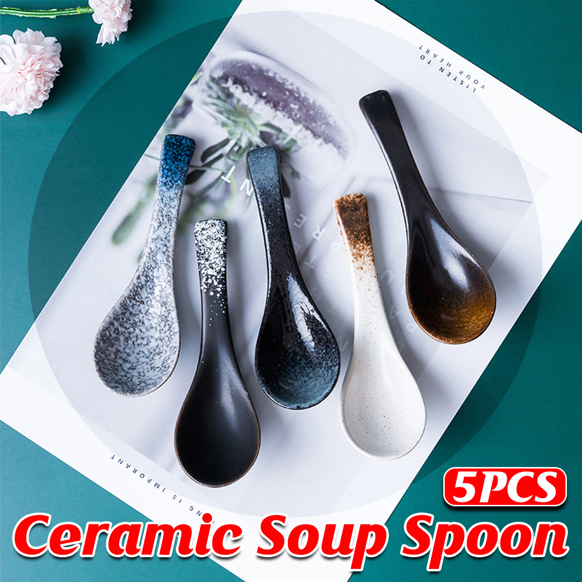Ceramic Soup Spoons for Kitchen Cooking and Serving Set of 5