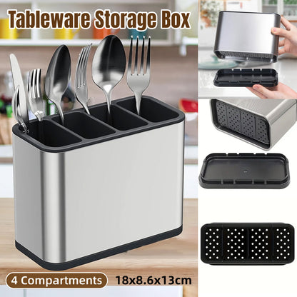 4 Compartments Stainless Steel Cutlery Holder Chopsticks Storage Organizer