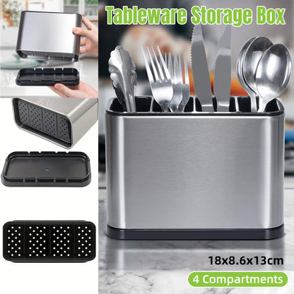 4 Compartments Stainless Steel Cutlery Holder Chopsticks Storage Organizer