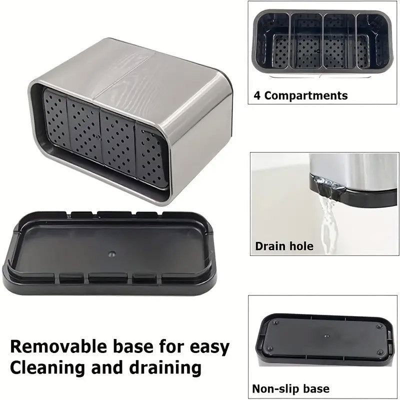 4 Compartments Stainless Steel Cutlery Holder Chopsticks Storage Organizer