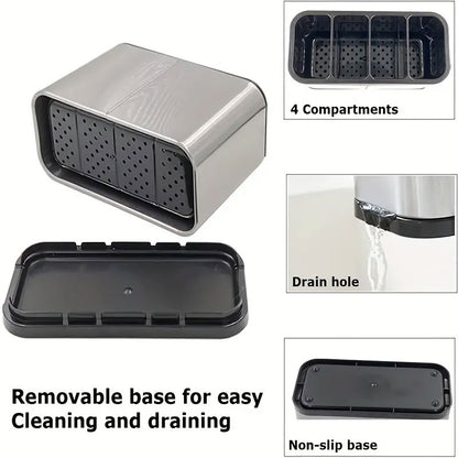 4 Compartments Stainless Steel Cutlery Holder Chopsticks Storage Organizer