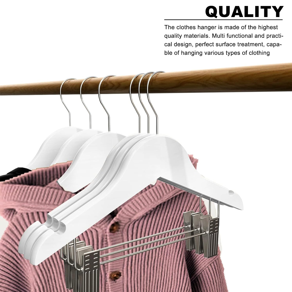 10 Pcs Solid Wood Non-Slip Pants Hangers with Clips White Finish