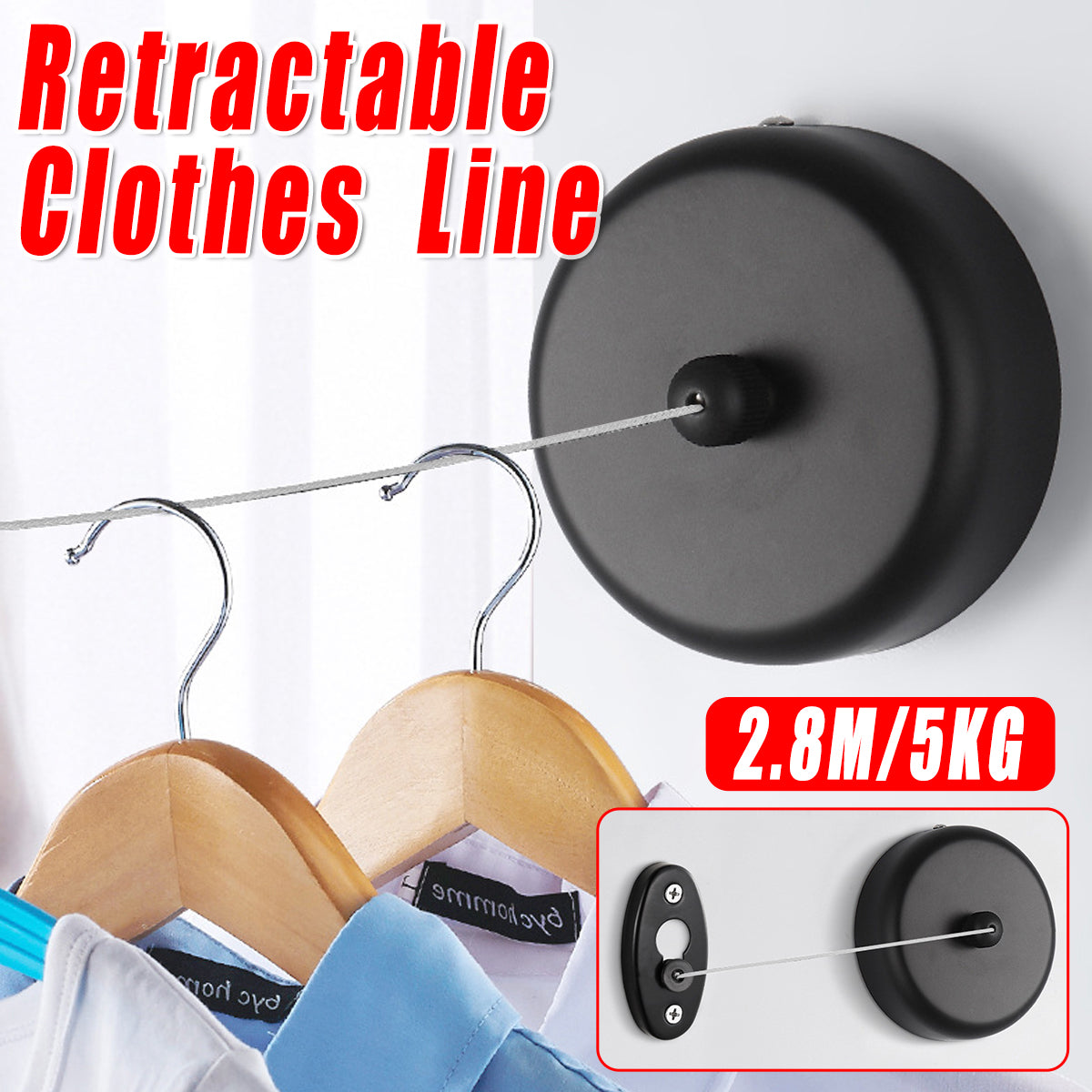 Retractable Clothesline Wall Mounted Black for Bathroom Balcony