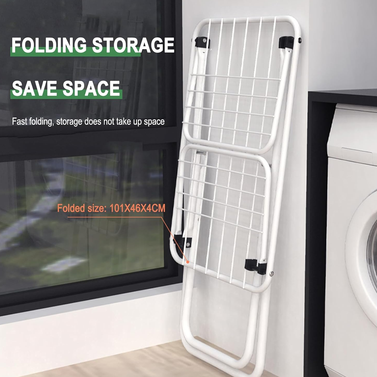 Foldable Floor Standing Clothes Drying Rack 18 Rod Iron White