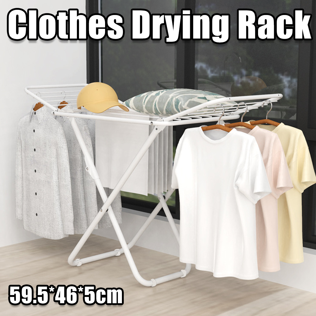 Foldable Floor Standing Clothes Drying Rack 18 Rod Iron White