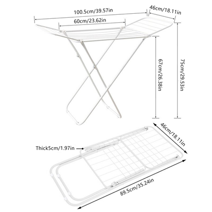 Foldable Floor Standing Clothes Drying Rack 18 Rod Iron White