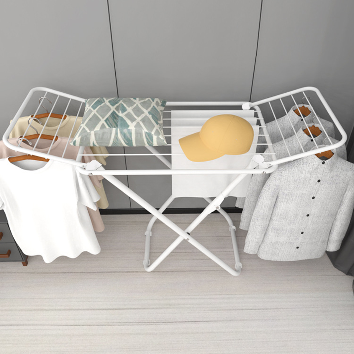 Foldable Floor Standing Clothes Drying Rack 18 Rod Iron White