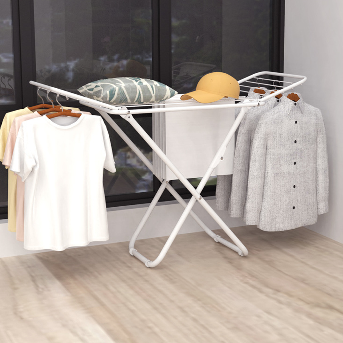 Foldable Floor Standing Clothes Drying Rack 18 Rod Iron White