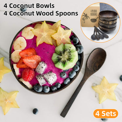 4Sets Natural Coconut Shell Bowls Eco-Friendly Tableware for Salad