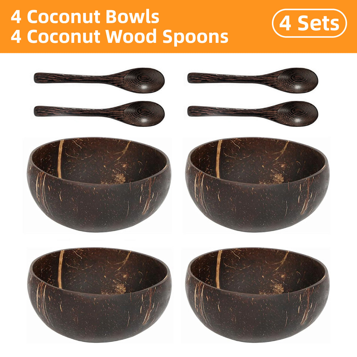 4Sets Natural Coconut Shell Bowls Eco-Friendly Tableware for Salad