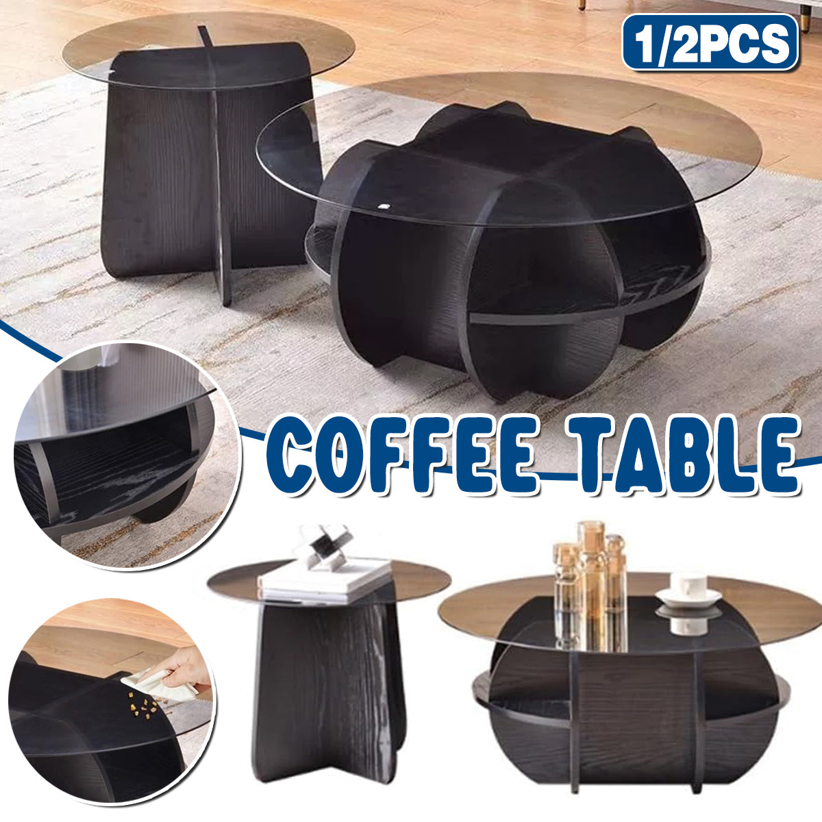 1/2pcs Modern Round Glass Coffee Table Home Side Table Living Room Furniture Set