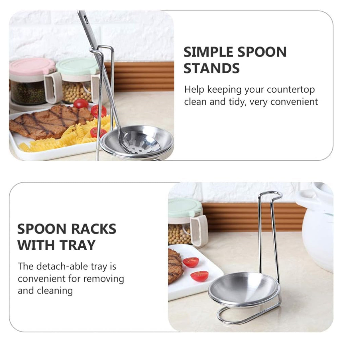 2 Pcs Stainless Steel Soup Spoon Colander Stand with Tray