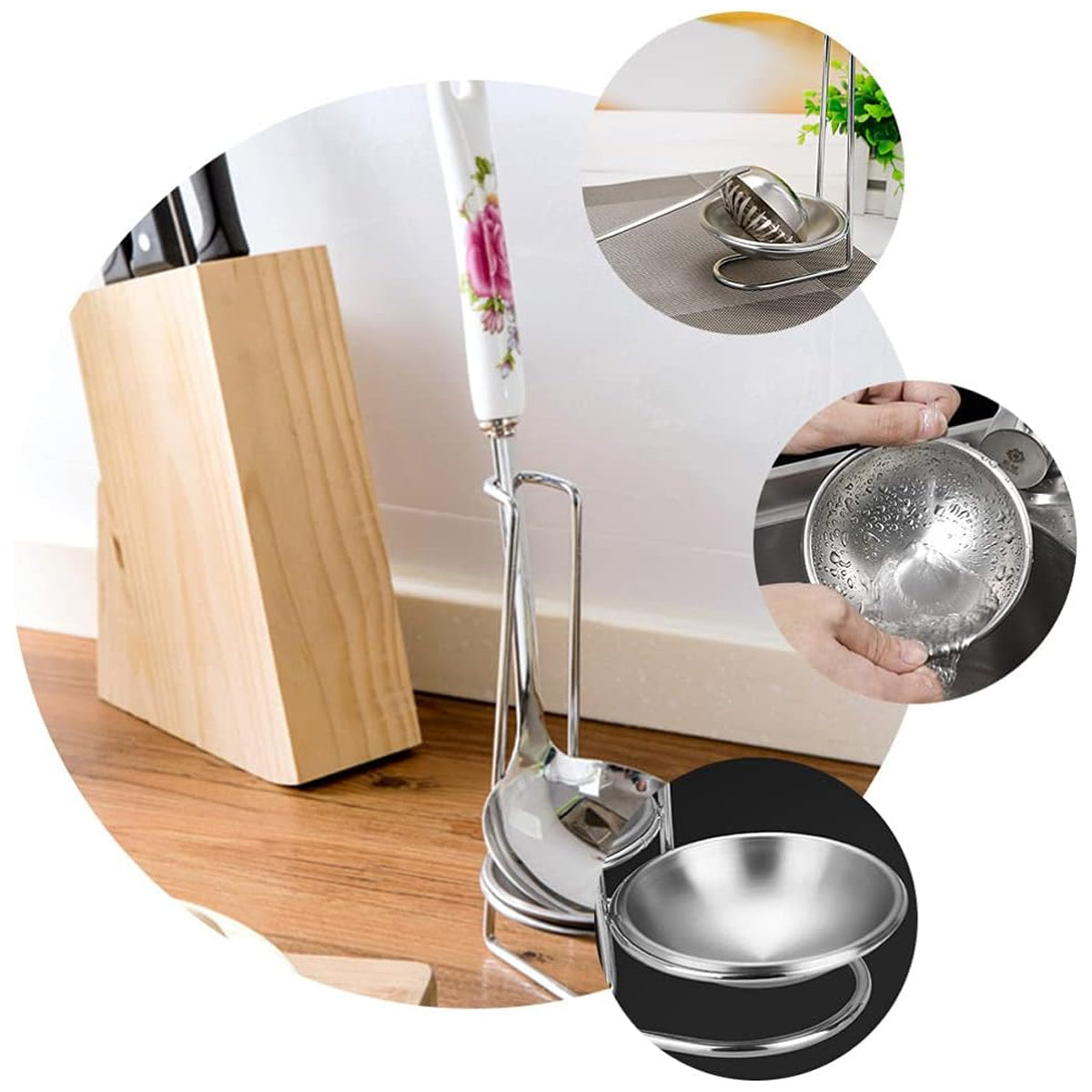 2 Pcs Stainless Steel Soup Spoon Colander Stand with Tray
