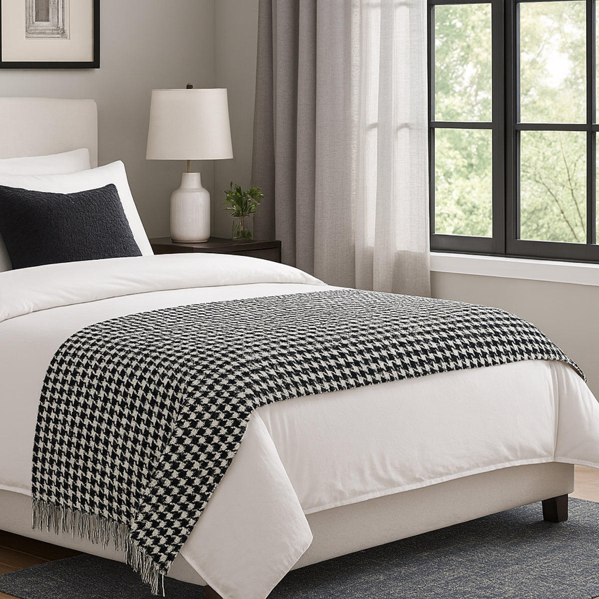 Houndstooth Hotel Bed Skirt Acetate Fabric for 120cm 180cm Beds